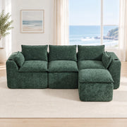 Divano modulare in ciniglia verde con pouf e cuscini