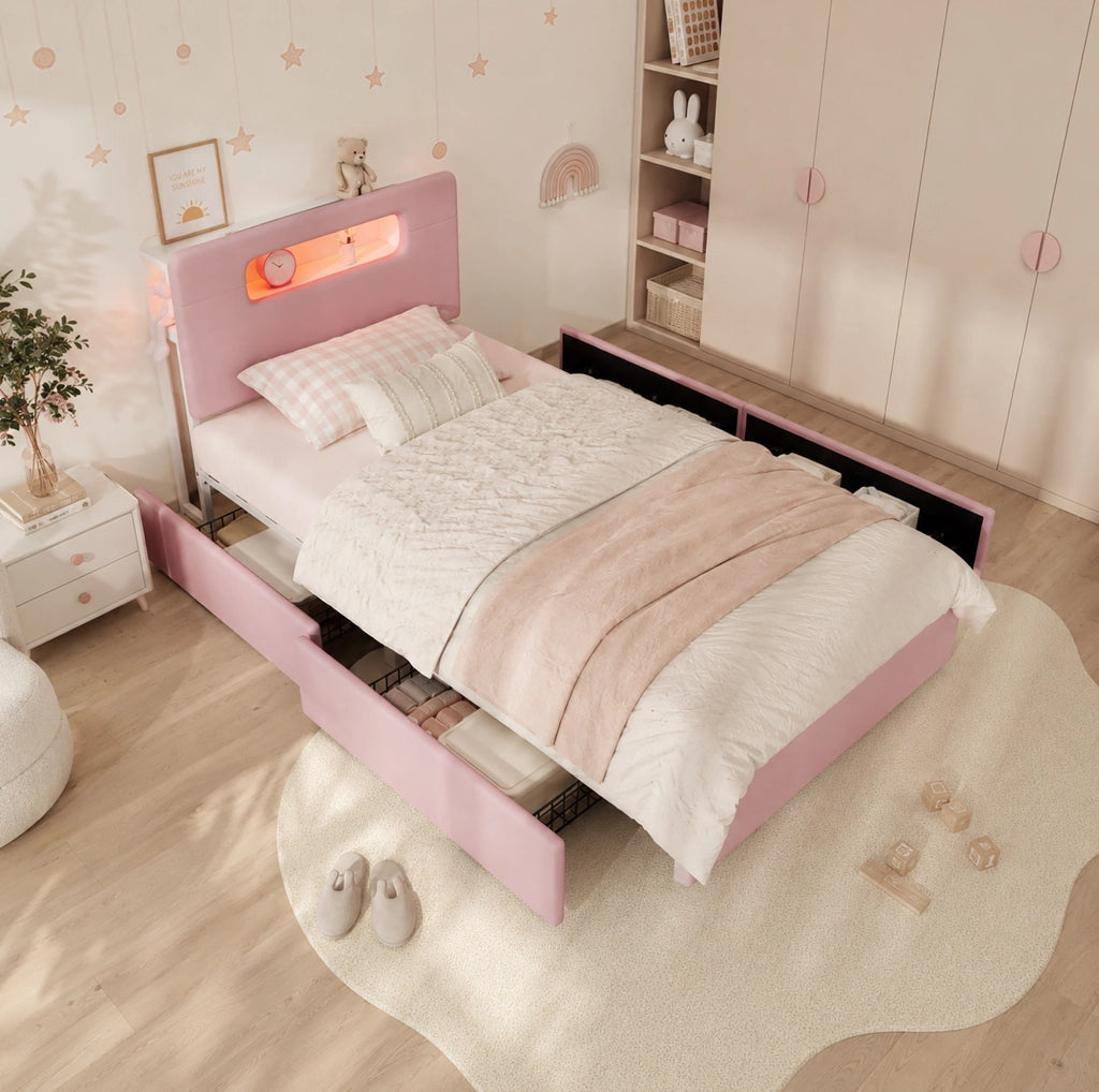 Letto imbottito per bambini 90x200 cm rosa con LED e cassetti