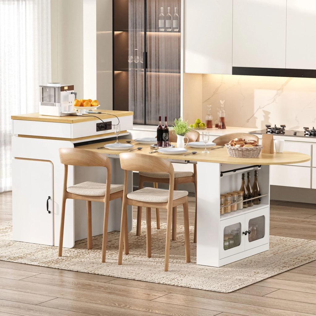 Isola cucina allungabile bianca con ruote, LED e ricarica USB