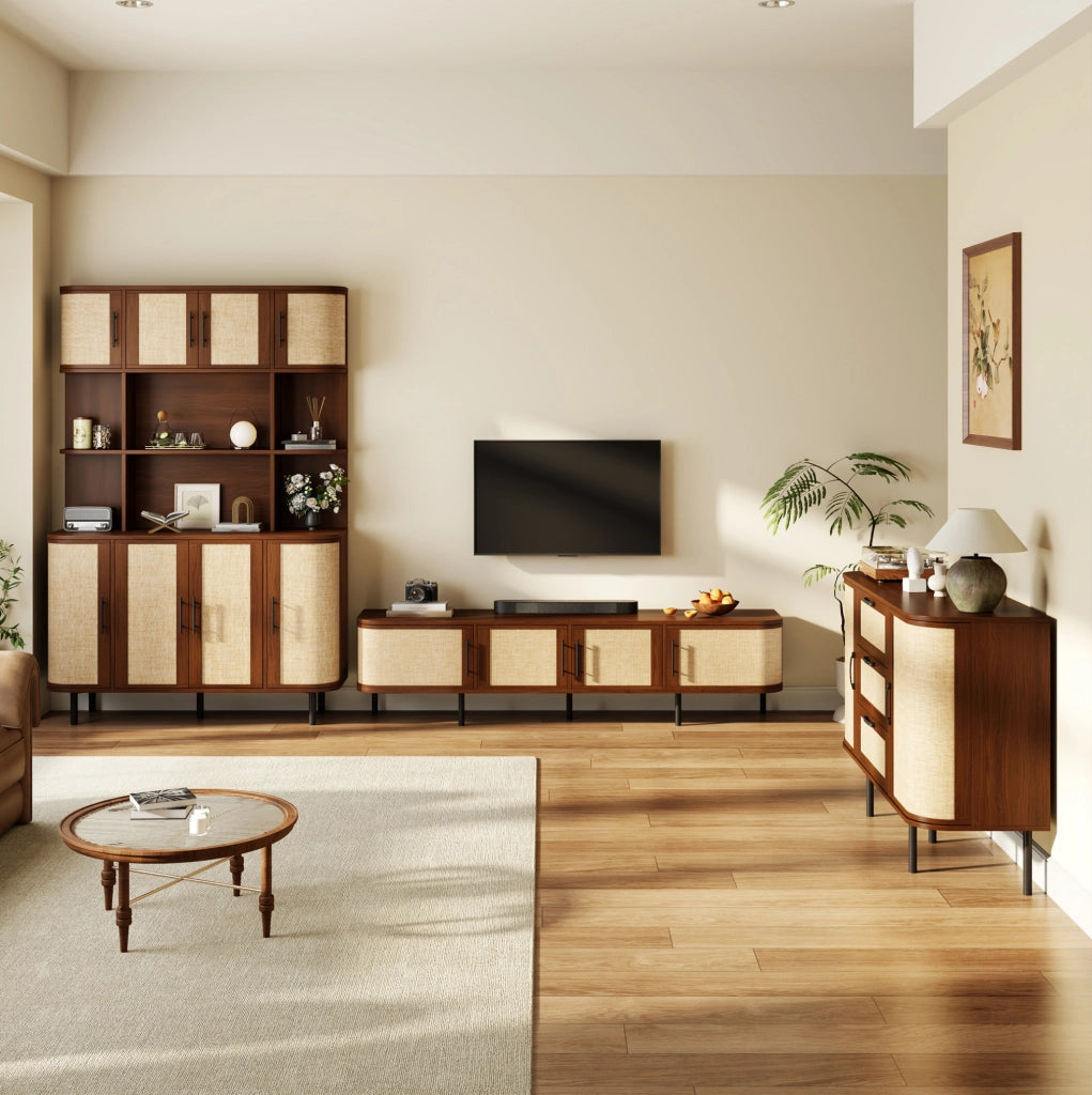 Set di mobili color noce con mobile TV, credenza e armadio alto