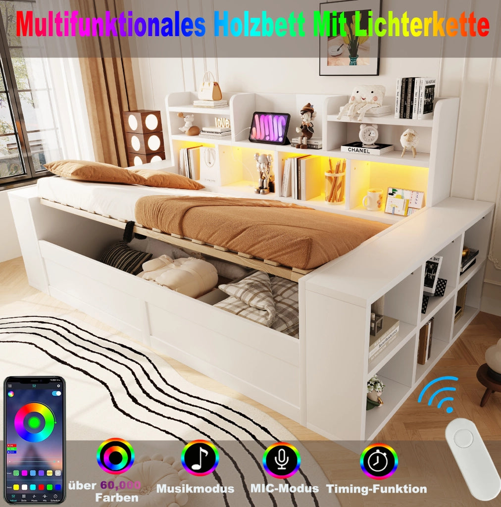 Divano letto singolo 90 x 200 cm bianco con contenitore, LED e prese