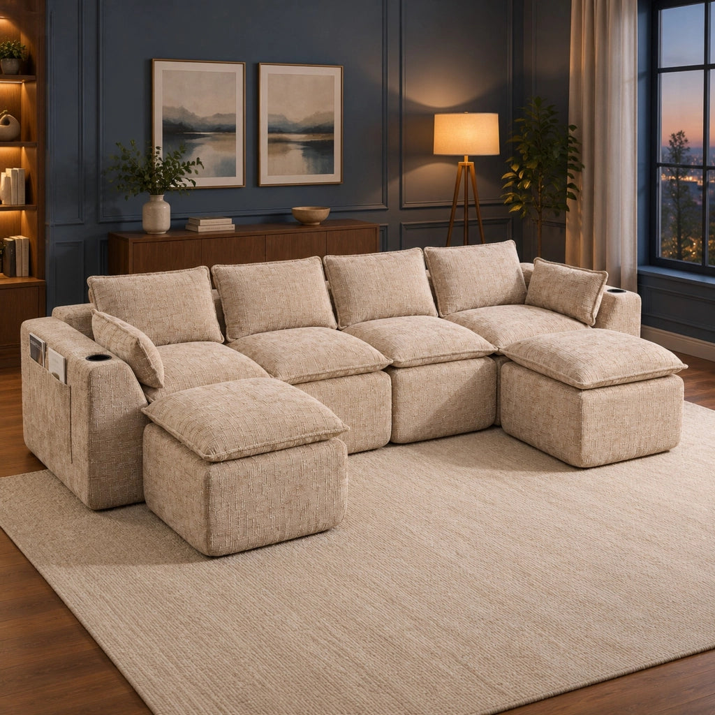 Divano modulare in ciniglia color cachi con pouf e tasche laterali