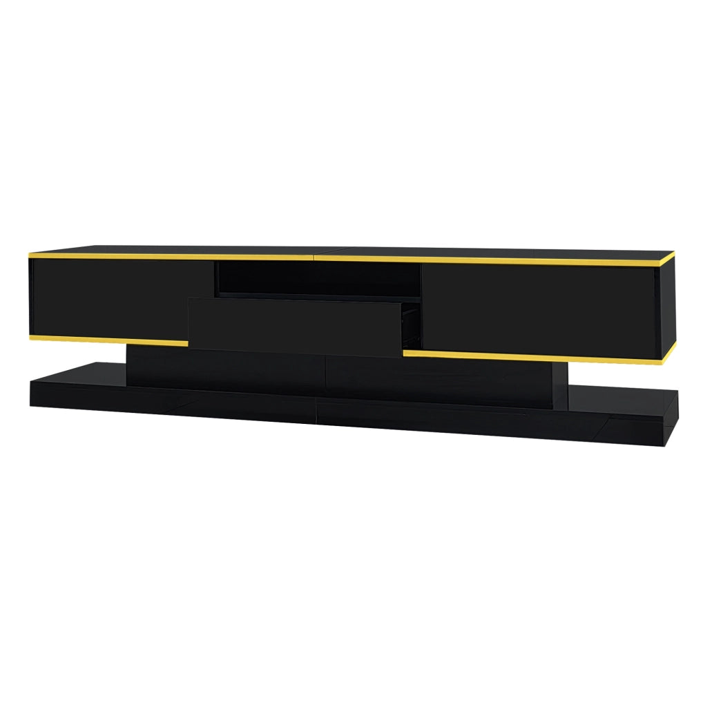 Mobile TV moderno nero lucido con tre cassetti e vano aperto, LED multicolore, 180x38x45 cm
