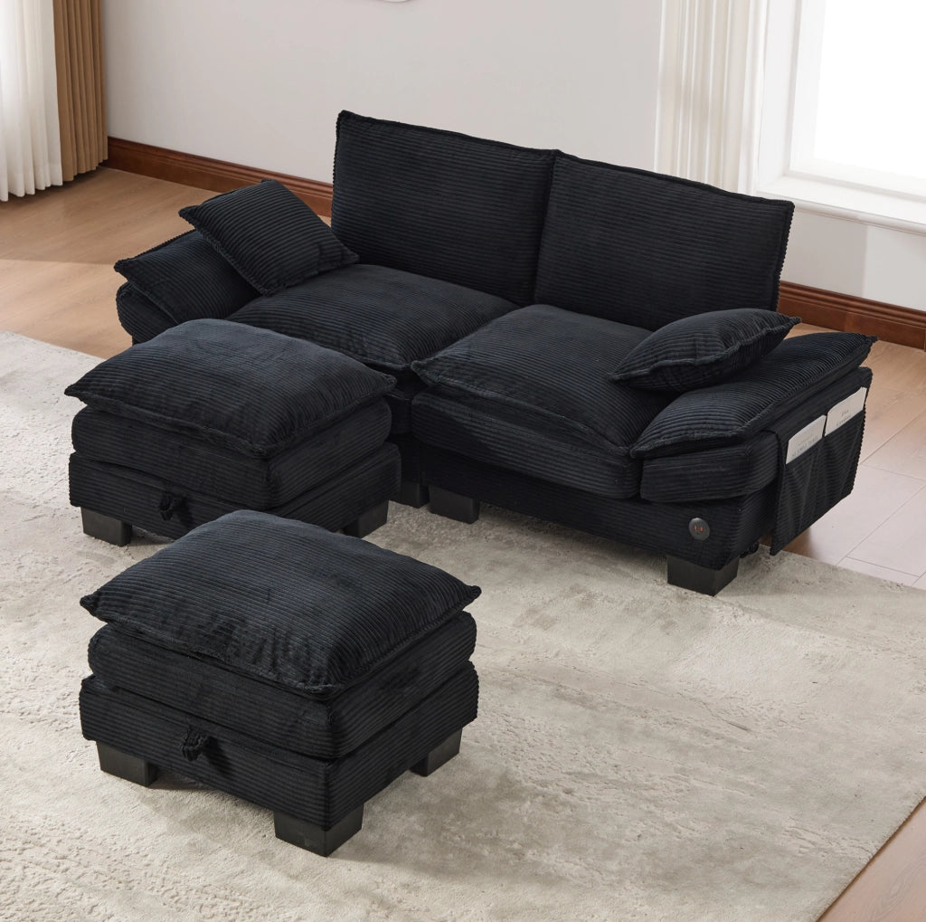 Divano modulare 2 posti ULEVR 190x132x84 cm con 2 pouf, porta USB-C e tasche laterali, velluto a coste nero