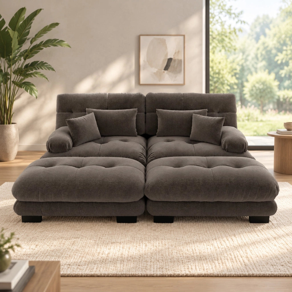 DIVANO Modulare in ciniglia marrone con pouf