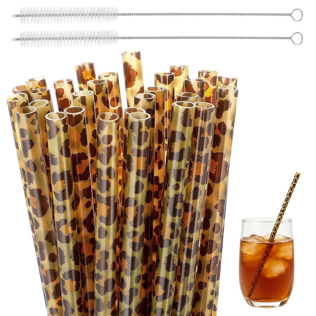 Set di 30 cannucce in plastica riutilizzabili, motivo leopardo, 23 cm