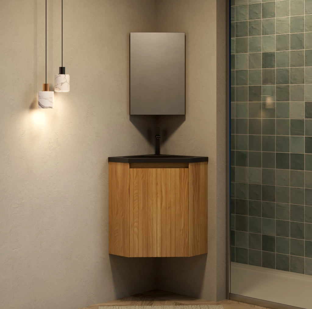 Mobile lavabo angolare bagno 54,5 x 38,5 x 50 cm nero e legno naturale, preassemblato