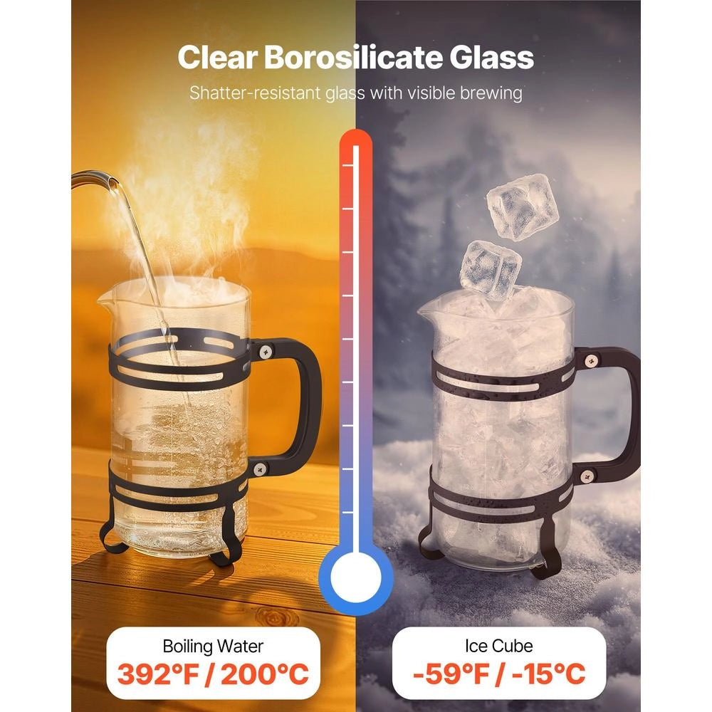 Caffettiera Francese French Press MH-238 da 1L in Vetro Borosilicato e Acciaio Inox, Infusore Manuale Portatile per Caffè e Tè in Cucina, Nero
