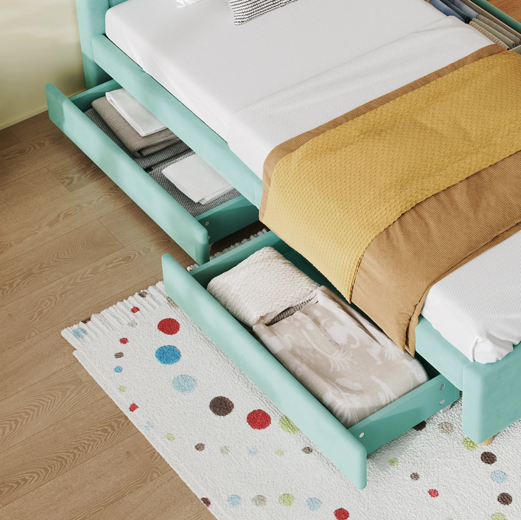 Letto imbottito per bambini 90 x 200 cm blu-verde con 4 cassetti