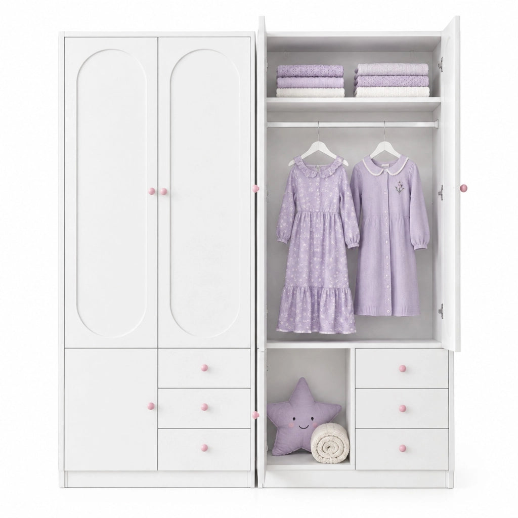 Armadio bianco in MDF con tre cassetti e maniglie rosa