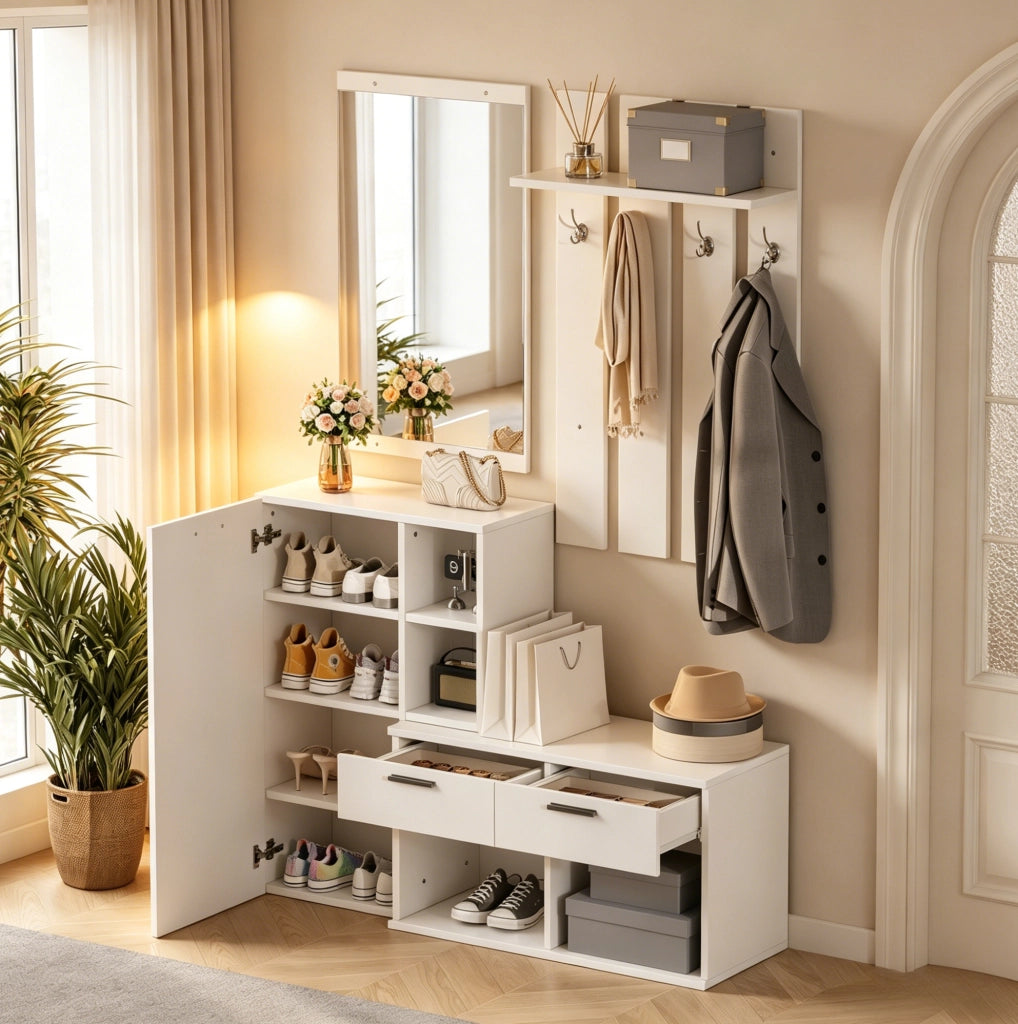 guardaroba ingresso 120x35x175,5 cm in MDF bianco con specchio e 2 cassetti