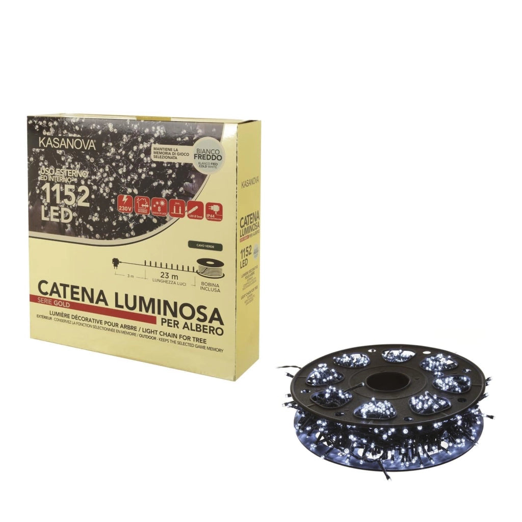 Catena luminosa a LED con 1152 micro-LED, luce bianca fredda, lunghezza 23 metri, per interni ed esterni