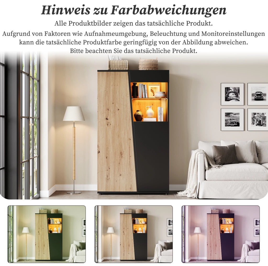 Vetrina a 2 ante con LED Bluetooth, 80 × 35 × 139,5 cm, nero e legno