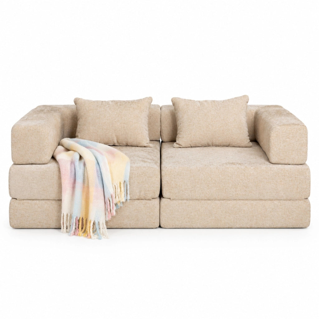 Divano letto modulare pieghevole in ciniglia beige, senza montaggio
