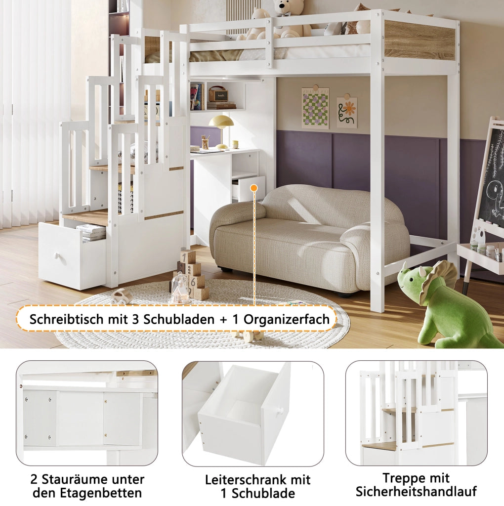 Letto a soppalco per bambini 90x200 cm con scrivania e contenitori