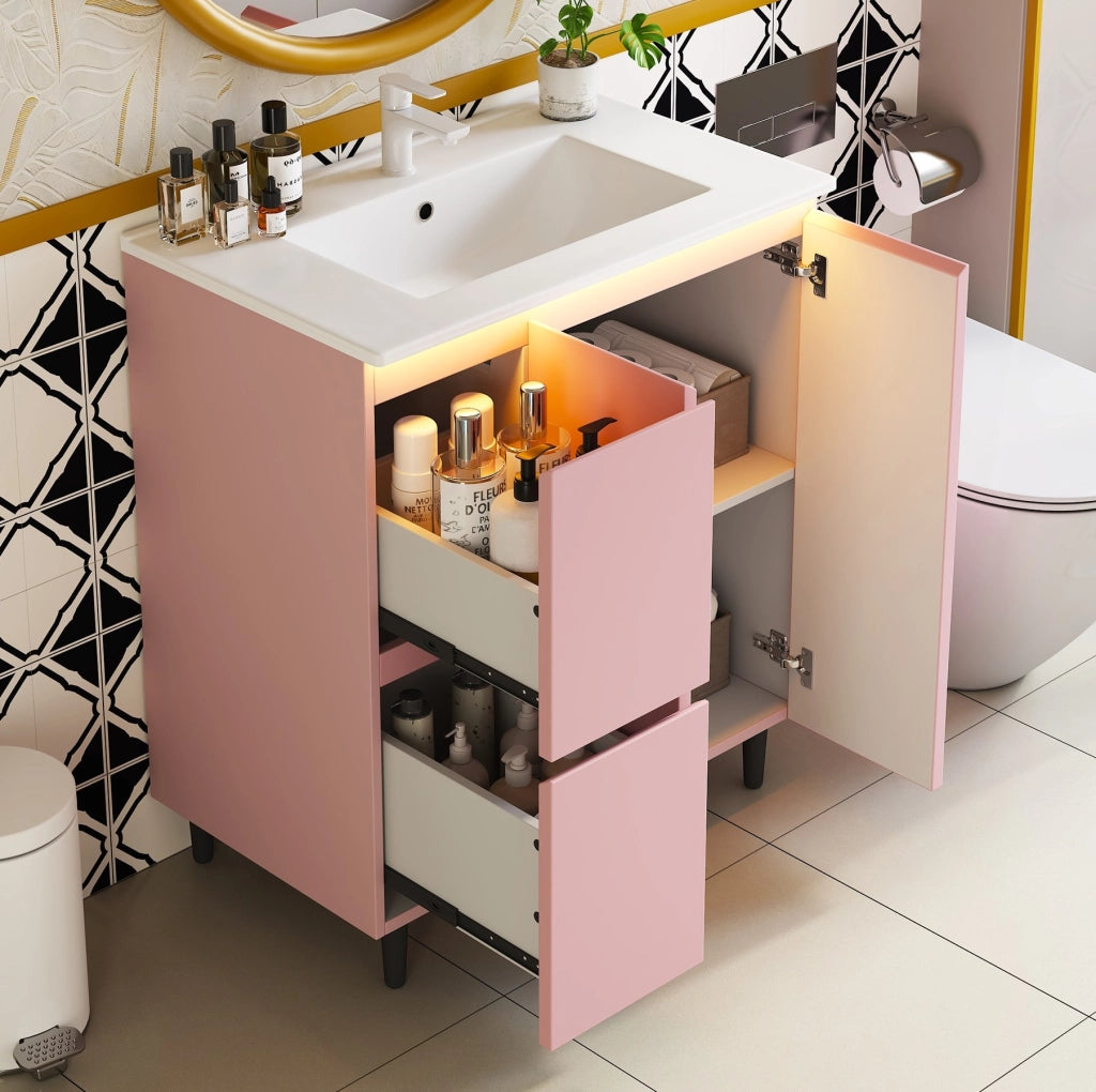 Mobile lavabo da bagno rosa 76 x 47 x 89 cm con lavabo in ceramica e luce LED