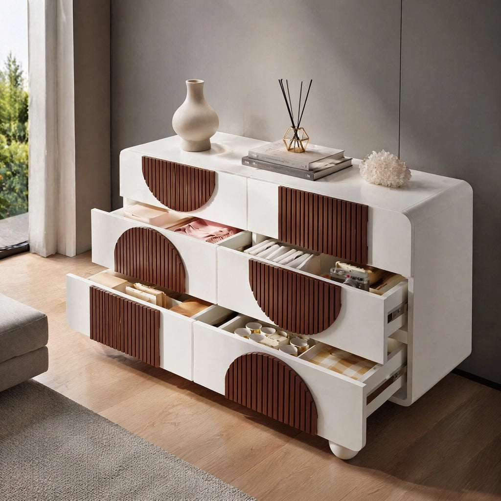 Cassettiera 6 cassetti 121x71x41 cm in MDF e legno, bianca, curva, antiribaltamento