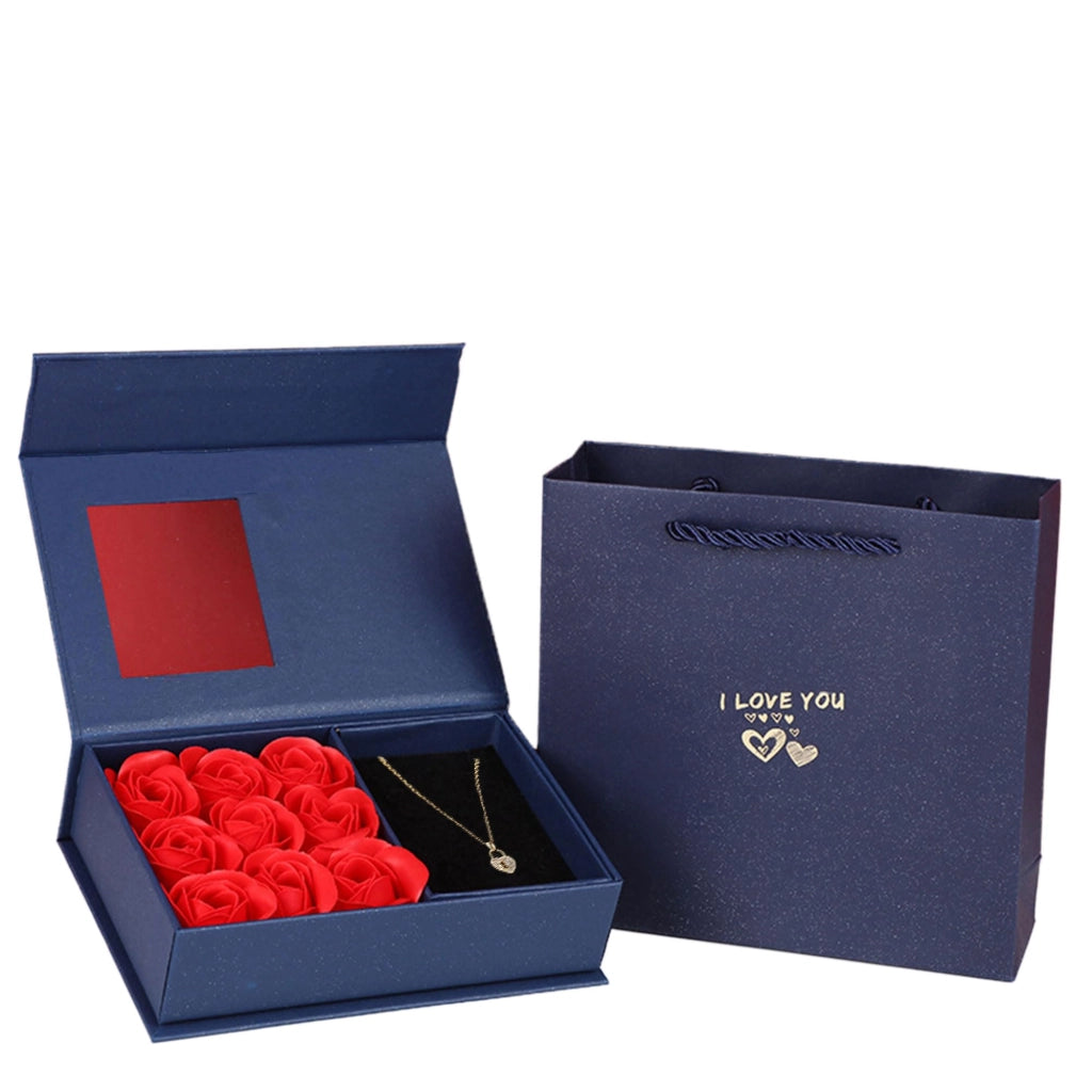Confezione regalo: 9 rose rosse, ciondolo e sacchetto, acciaio inossidabile