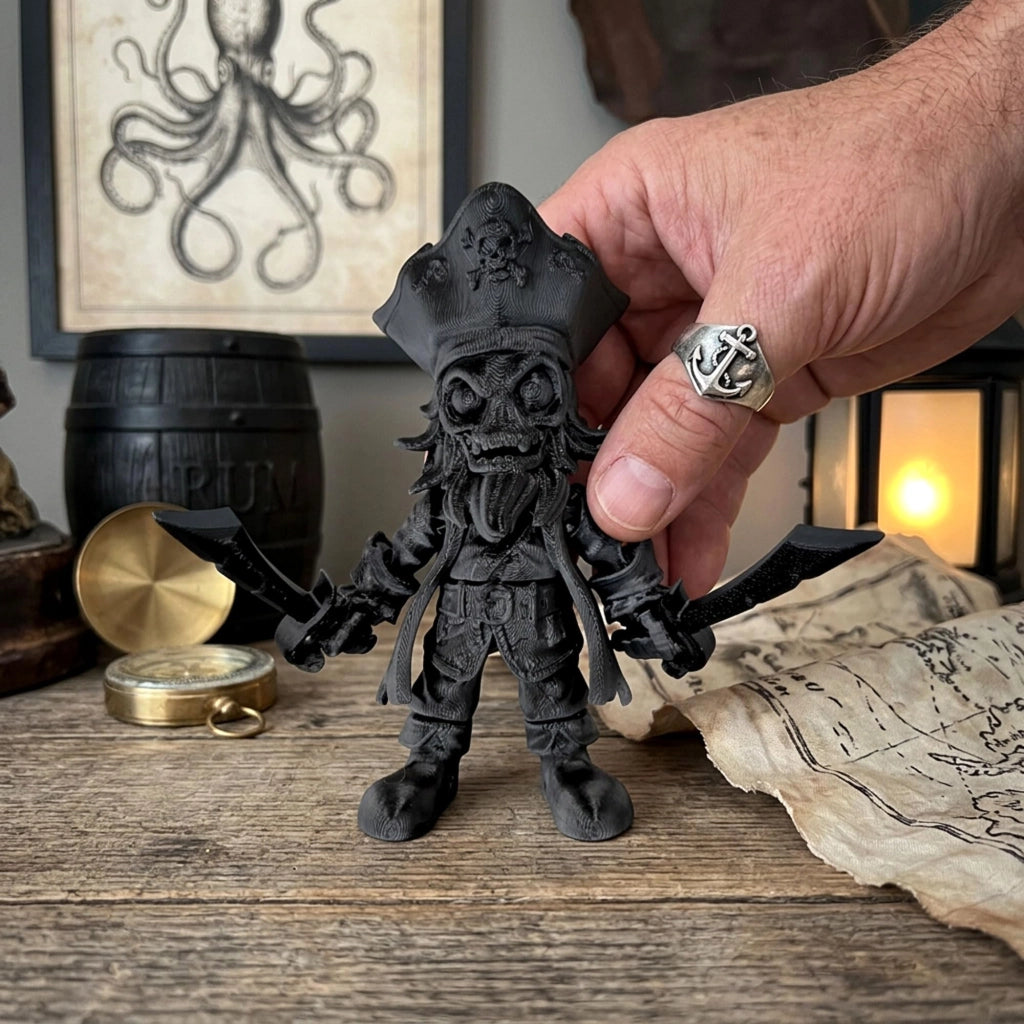 Figura di uno scheletro di pirata stampata in 3D, con spade, altezza 11 cm