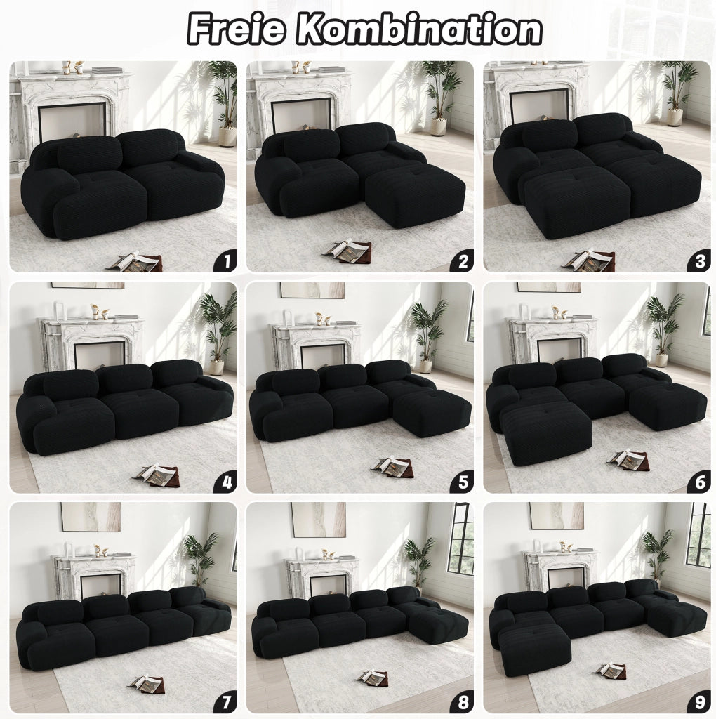 Divano angolare modulare in velluto a coste nero 388 × 178 cm