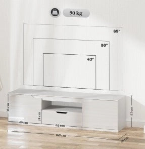 Mobile TV basso 160 cm in legno bianco con 2 ante, cassetto e passacavi