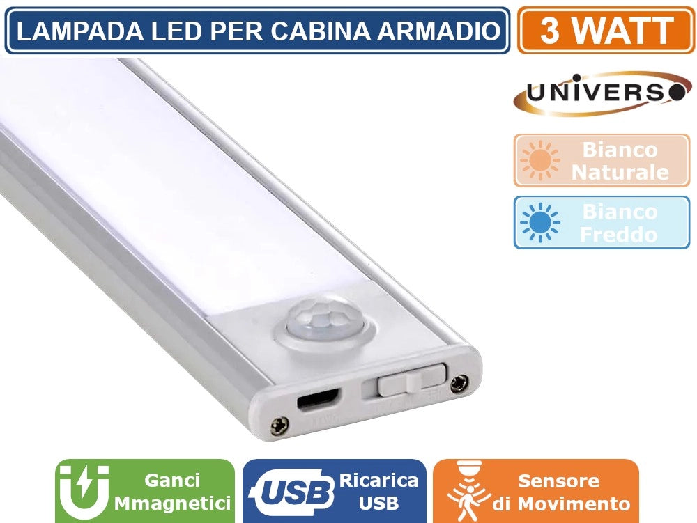 LAMPADA LED CALAMITATA DA PARETE PER CABINE ARMADIO 60CM ALIMENTATA A BATTERIE RICARICABILI CON SENSORE DI MOVIMENTO 3W 210 LUMEN - Colore Luce:Bianco Freddo