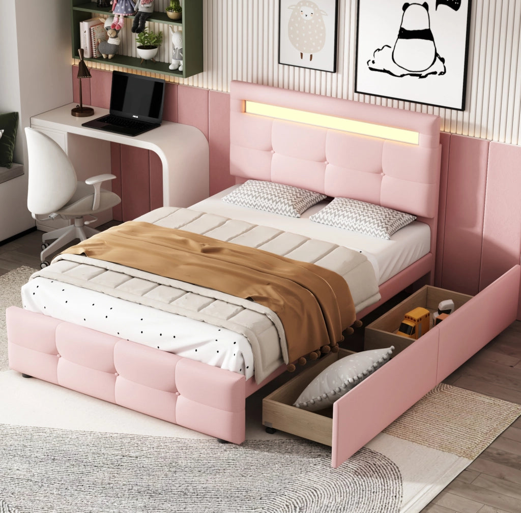Letto contenitore per bambini 90x200 cm con testiera regolabile, rete a doghe e LED in tessuto rosa, per cameretta, senza materasso