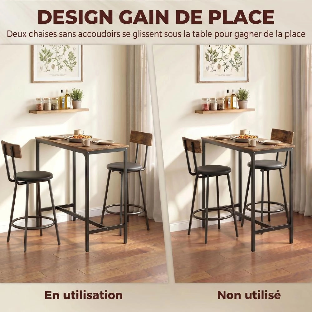 Set Tavolo da Bar con 2 Sgabelli Imbottiti in PU, Tavolo Alto Cucina Salvaspazio con Poggiapiedi, Design Moderno per Casa, Marrone