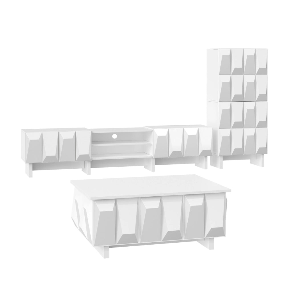 Set mobili soggiorno bianco 3 pezzi con frontali 3D