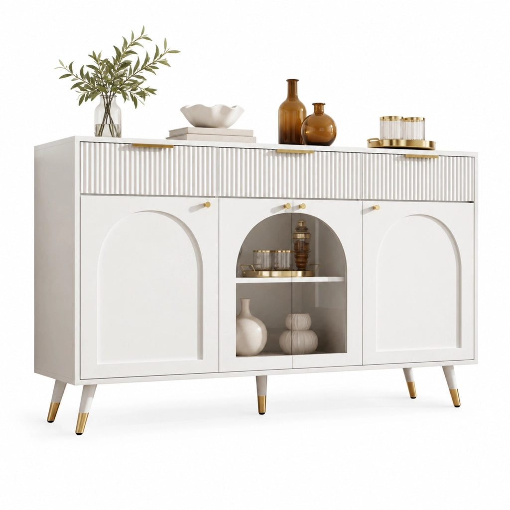 Credenza bianca 140 cm con 4 ante acriliche e 3 cassetti