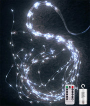 Catena luminosa da 1 metro, 100 LED, luce bianca fredda, alimentazione a batteria, con telecomando
