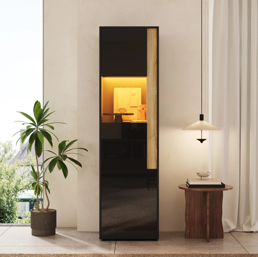 Mobile alto con illuminazione LED e 2 ante, nero e naturale