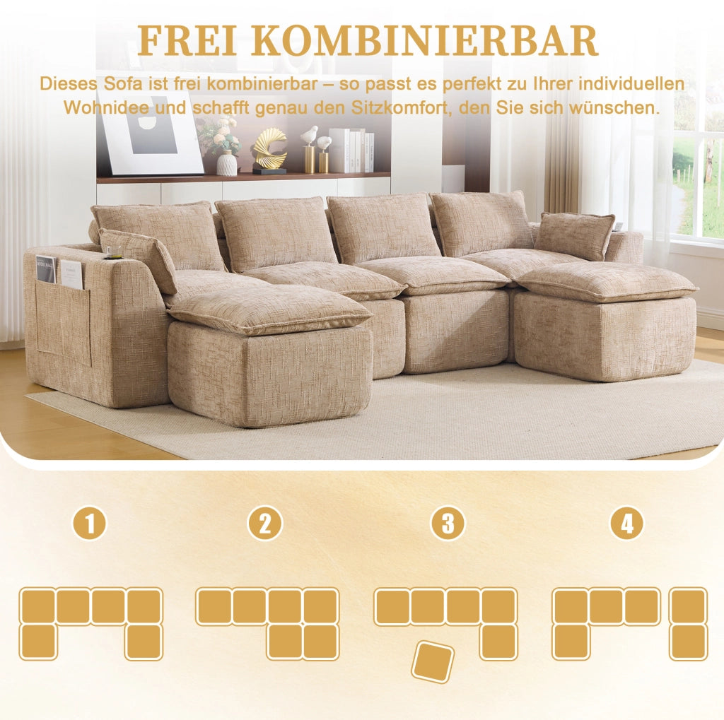 Divano modulare in ciniglia color kaki con pouf e cuscini