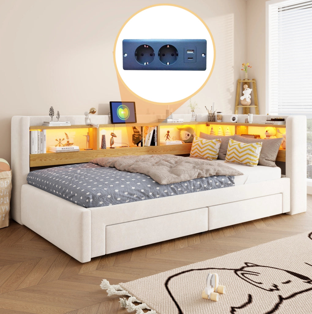 Divano letto estraibile 90x200 cm con LED, prese e cassetti