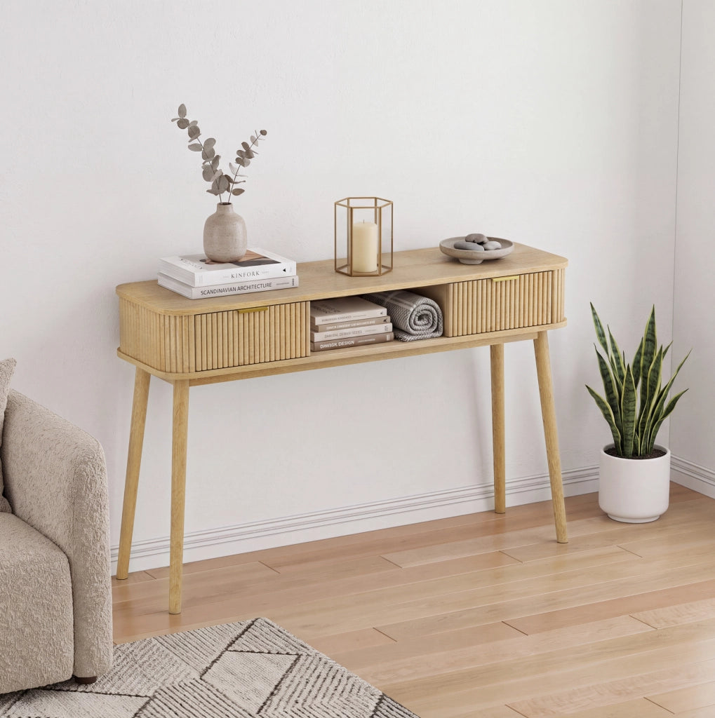 Consolle effetto rovere con due cassetti e ripiano aperto