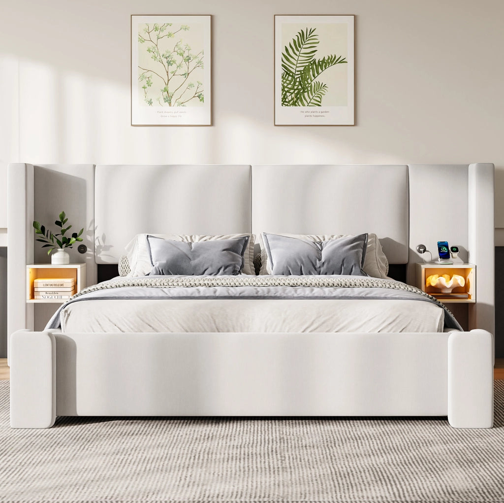 Letto imbottito 140x200 cm beige con contenitore e LED