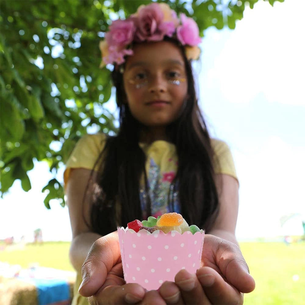 100 stampini di carta per cupcake, con pois, blu/rosa