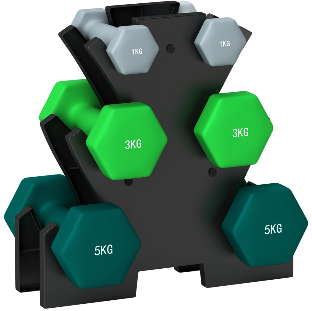MANUBRI Set da 6 pezzi con supporto, 1/3/5 kg, metallo e plastica, multicolore