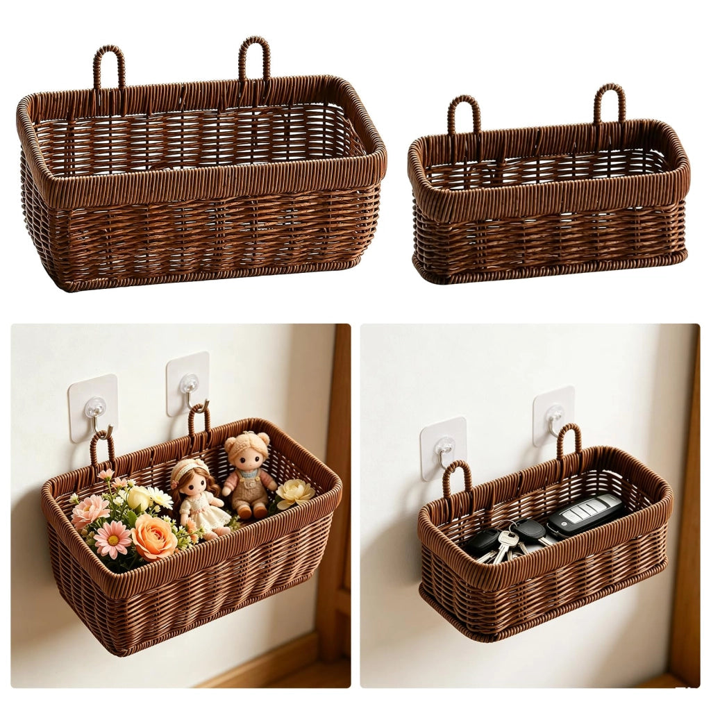 Set di 2 cesti appesi intrecciati in rattan, color marrone scuro