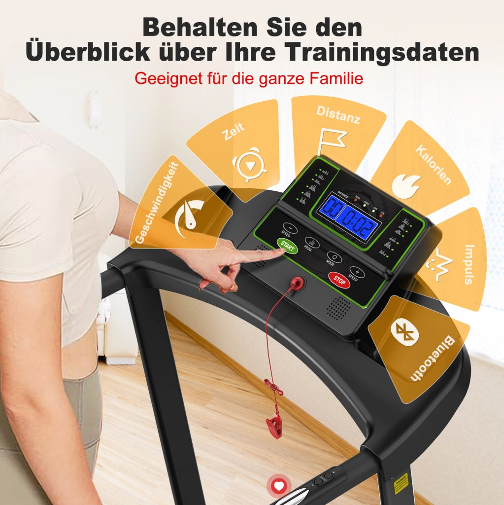 Tapis roulant pieghevole con app e 12 programmi, nero