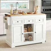 Isola da cucina mobile bianca e naturale con piano estraibile e vani portaoggetti