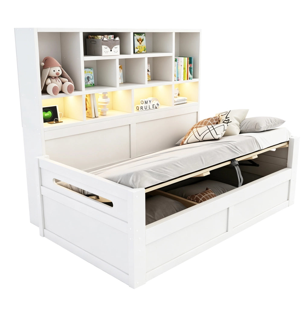Letto singolo 90 x 200 cm bianco con vano contenitore, LED e prese