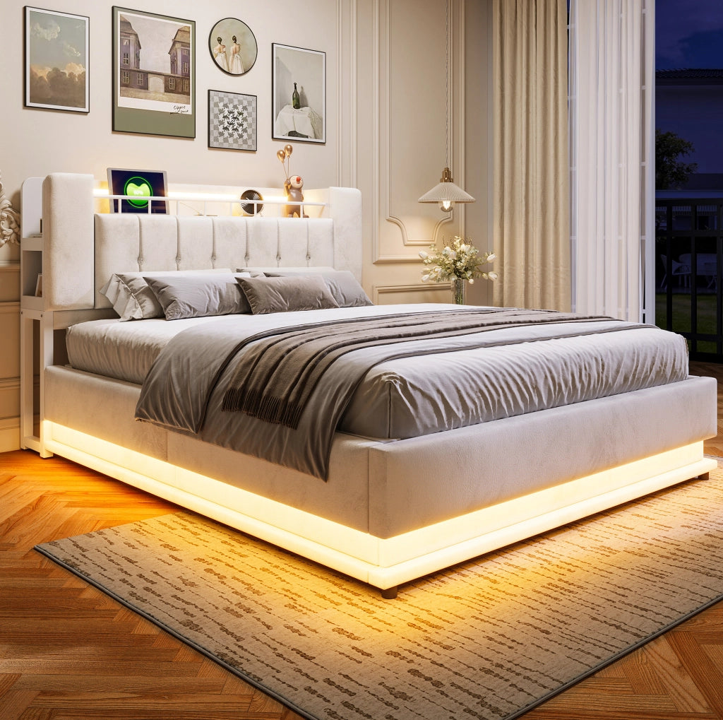 Letto imbottito 160x200 cm beige con LED, USB e contenitore