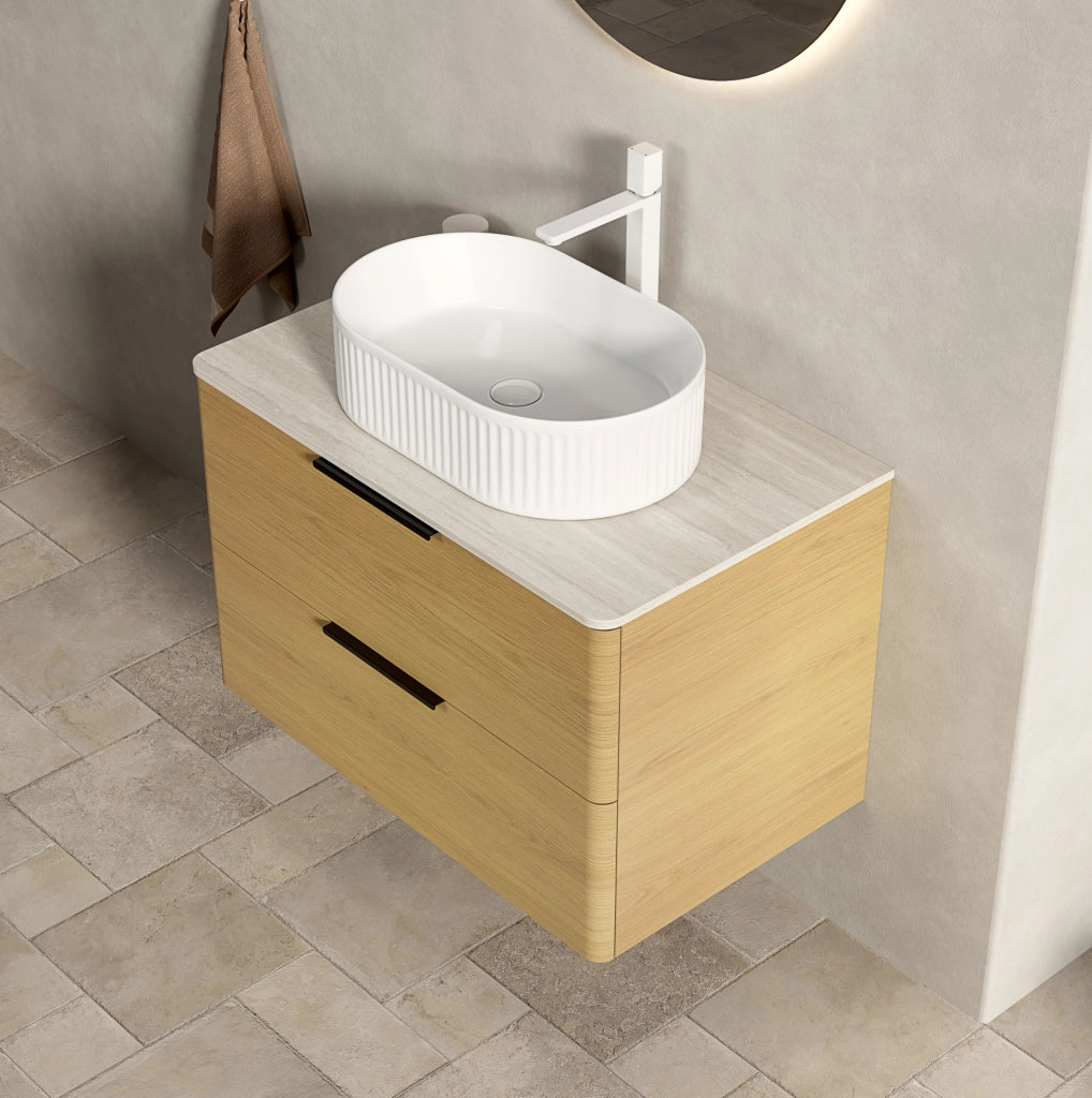MOBILE BAGNO con lavabo ovale e 2 cassetti, ceramica e pietra sinterizzata