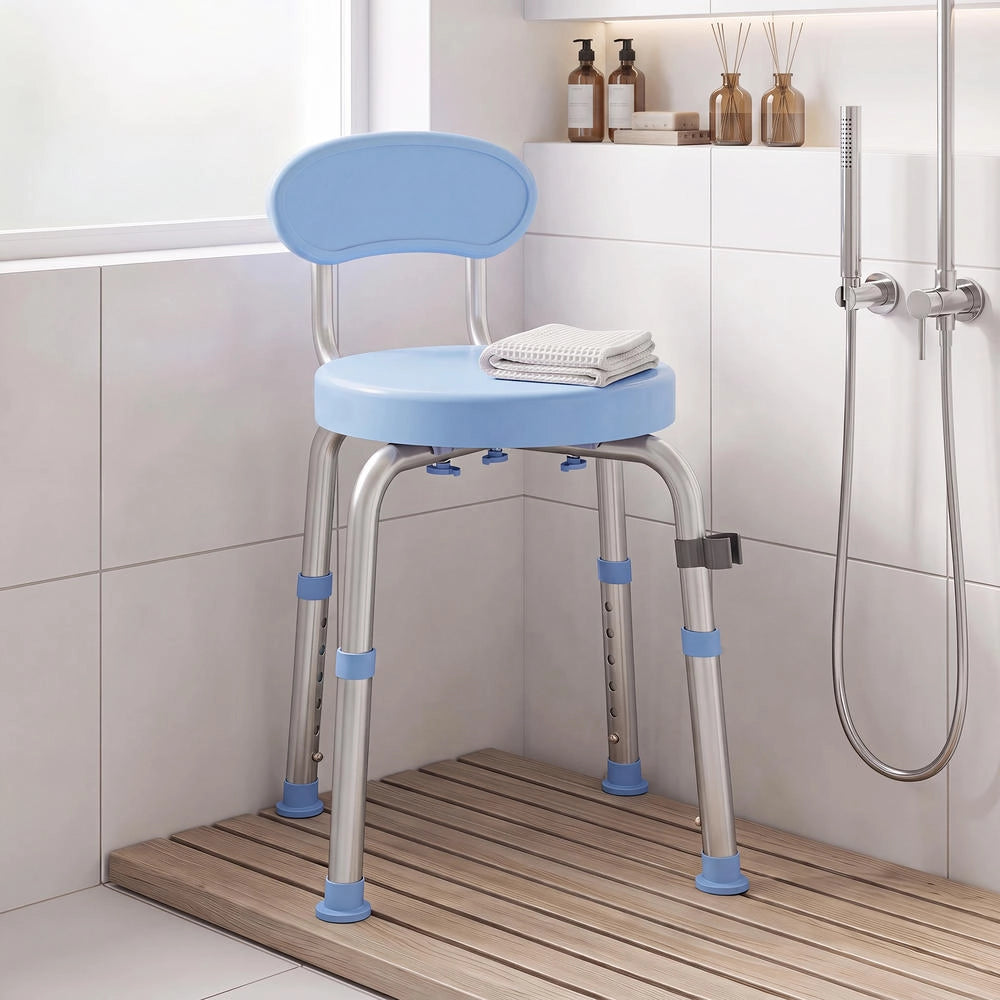 Sgabello da doccia girevole 360° con schienale e altezza regolabile 5 livelli sedile in alluminio blu