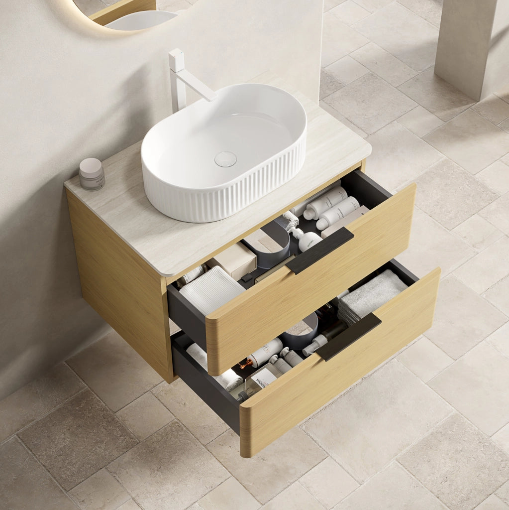 MOBILE BAGNO con lavabo ovale e 2 cassetti, ceramica e pietra sinterizzata