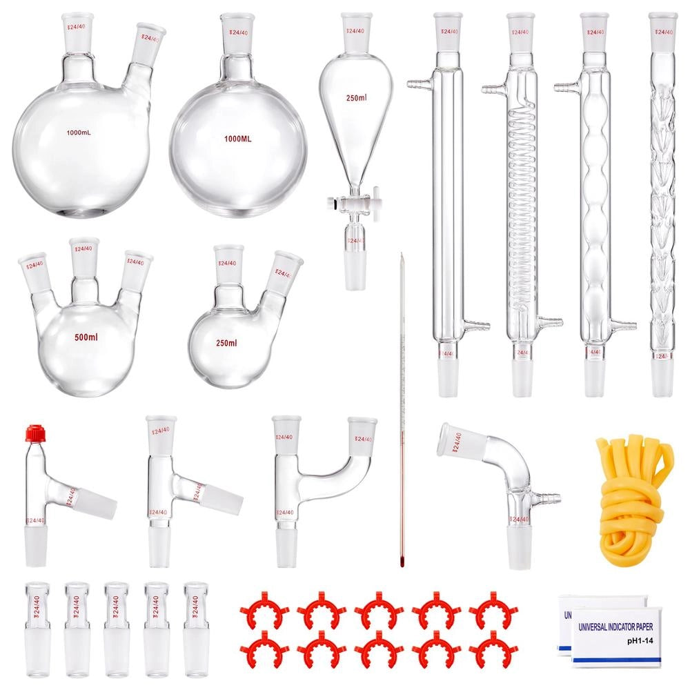 Kit di distillazione da laboratorio da 32 pezzi YHEO-7, apparecchio per oli essenziali 1000 ml in vetro con giunti 24/40