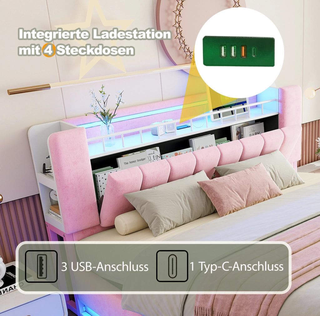 Letto matrimoniale imbottito rosa 160 x 200 cm con LED e vano contenitore