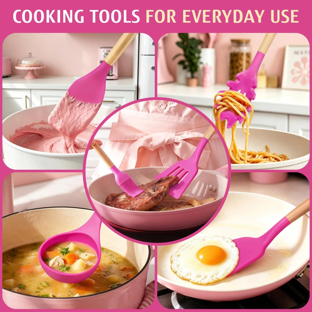 Set di accessori da cucina, 10 pezzi, in silicone, con manici in legno, colore rosa