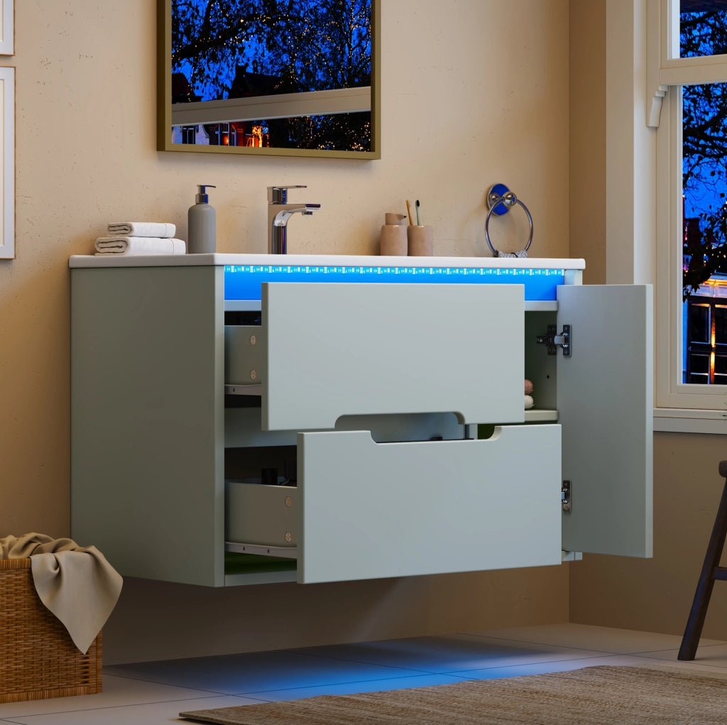 Mobile bagno sospeso 81 cm verde con lavabo in ceramica e illuminazione LED